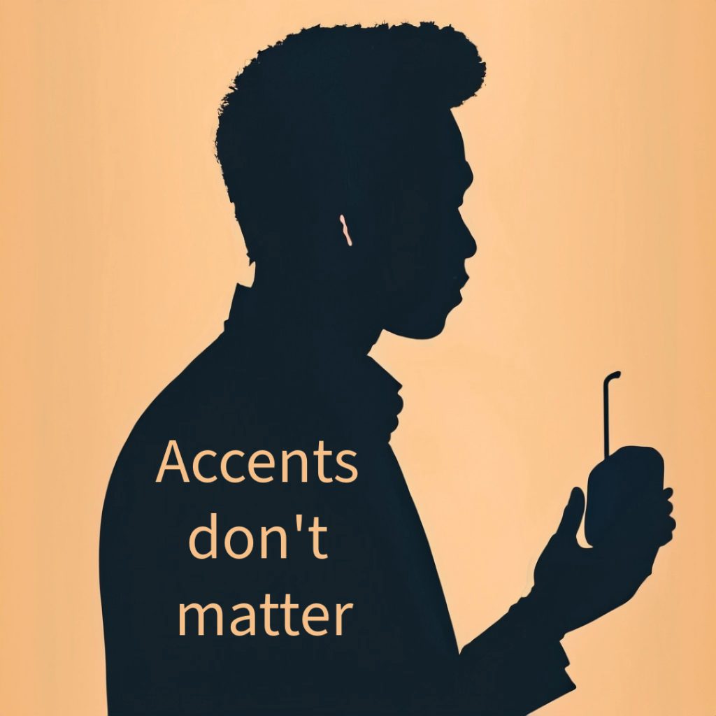 The words "Accents don't matter" imprinted on a silhouette of a man listening to a walkman.