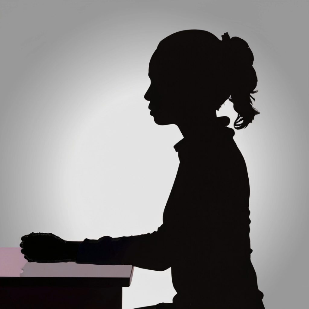 Silhouette of a girl sitting with her arms on a table.